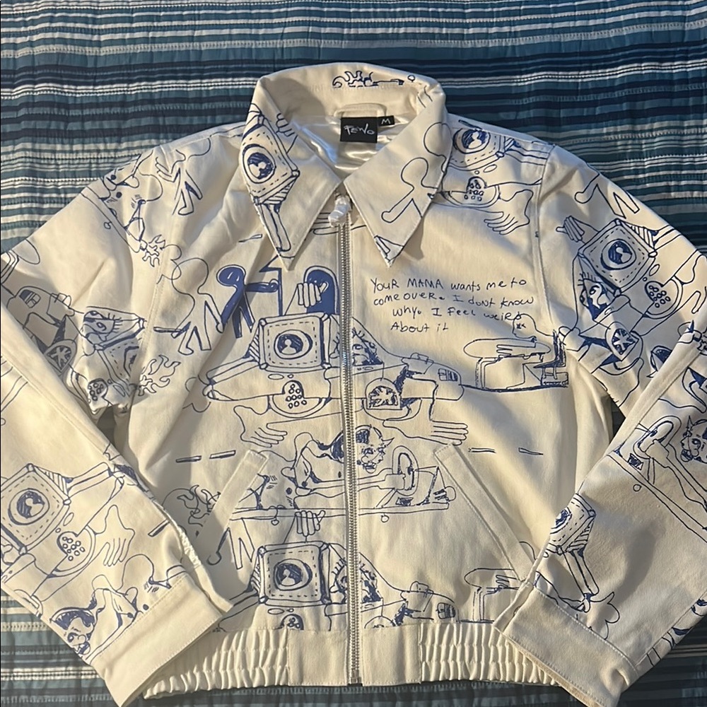FEWO White and Blue Graphic Jacket